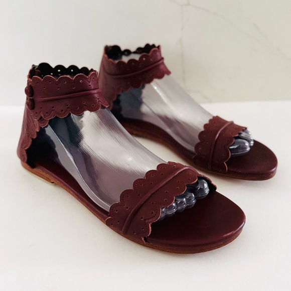 Elf Bali Midsummer Handmade Leather Sandals Burgundy Ankle Strap Back Zip Size 9 - Picture 1 of 9